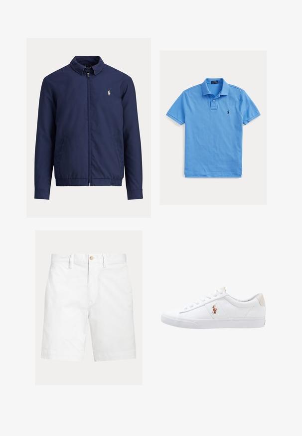 Tmavomodrá bunda na zips s golierom, elastickým pásom, bočnými vreckami a malým bielym logom jazdca na ľavej strane hrudníka.; Svetlomodrá polo košeľa s krátkym rukávom, golierom, zapínaním na dva gombíky a tmavomodrým vyšívaným logom Polo Ralph Lauren na ľavej strane hrudníka.; Biele šortky po kolená s pútkami na opasok a hnedým gombíkom na zapínanie v páse, zobrazené na jednoduchom pozadí.; Biele plátenné tenisky s nízkym strihom, ktoré majú béžový opasok na päte a malé vyšívané logo na boku. Gumová podrážka.