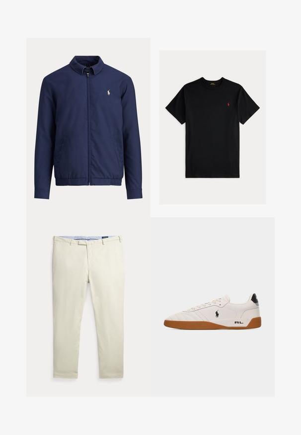 Navyblå lynlåstrøje med krave, elastisk talje, sidelommer og lille hvid rytterlogo på venstre bryst.; Sort bomulds T-shirt med korte ærmer, rund halsudskæring og et lille rødt broderet logo på venstre bryst. Glat tekstur, afslappet pasform.; Beige herrebukser med lige ben, bæltestropper og forlommer, lagt fladt på en hvid baggrund.; Hvid lav sneakers med brun gummisål, sort Polo Ralph Lauren-logo på siden og "RL" tekst på hælområdet.