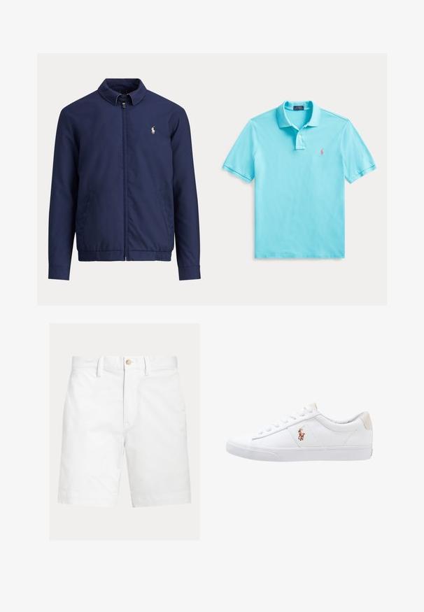 Navyblå lynlåstrøje med krave, elastisk talje, sidelommer og lille hvid rytterlogo på venstre bryst.; Lyseblå kortærmet poloshirt med to knapper og lille lyserød broderet logo på brystet, lagt fladt på hvid baggrund.; Hvide shorts til knæet med bæltestropper og en brun knaplukning i taljen, vist på en ensfarvet baggrund.; Hvide kanvas sneakers med lågtop design, prydet med en beige hælkappe og et lille broderet logo på siden. Gummisål.