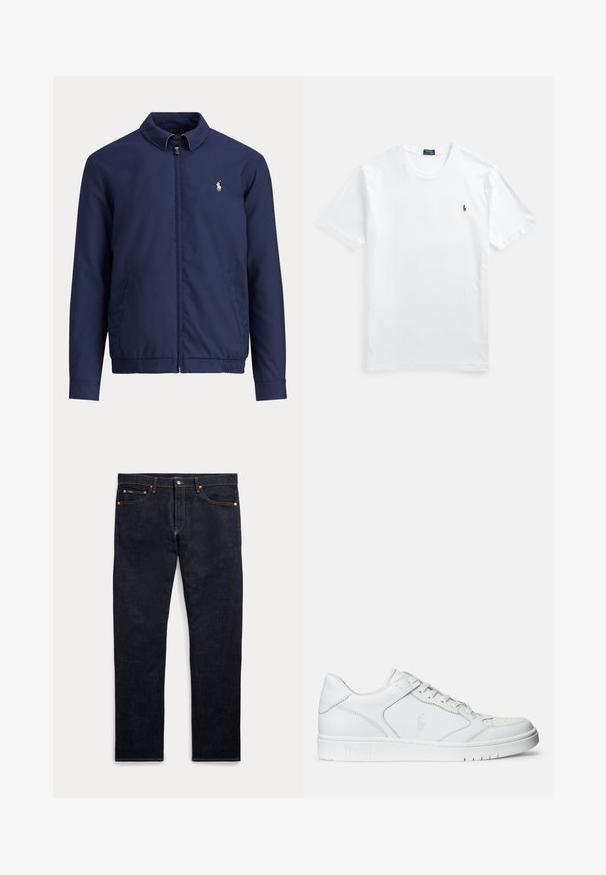 Navyblå lynlåstrøje med krave, elastisk talje, sidelommer og lille hvid rytterlogo på venstre bryst.; Hvid bomulds T-shirt med rund hals og korte ærmer, med et lille farverigt broderet logo på venstre bryst. Glat tekstur, klassisk pasform.; Mørkeblå denimjeans med fem lommer, knap- og lynlås-lukning og synlige gyldne syninger, vist fladt på en lys baggrund.; Hvide lædersneakers med en glat tekstur, der har en perforeret tå, snørebåndslukning og broderet logo på siden. Hvid gummisål.