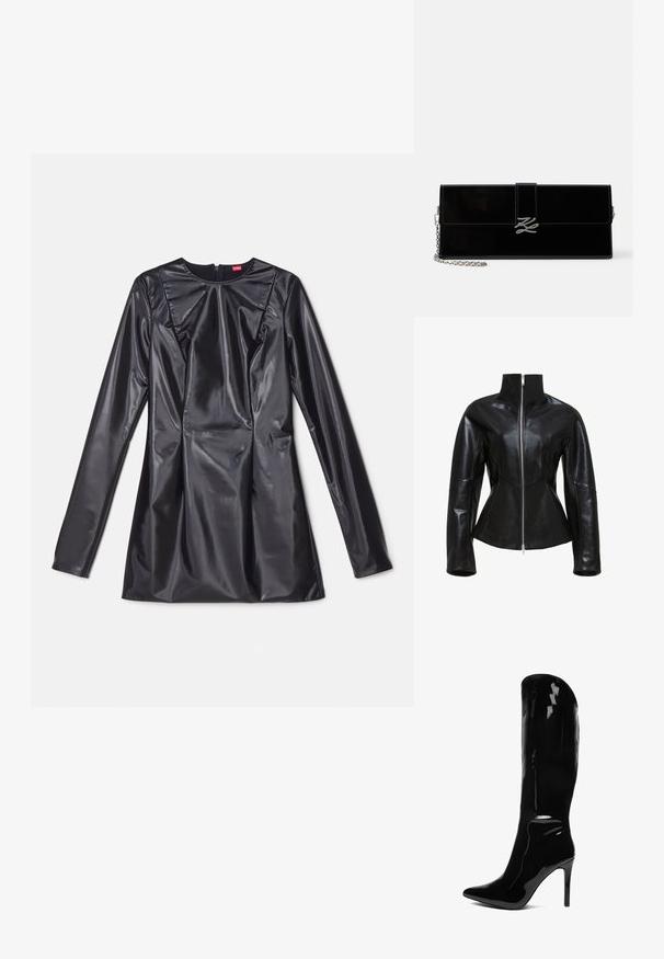 Zwarte leren jas met een hoge kraag, ritssluiting en getailleerd ontwerp. Beschikt over slanke, geperforeerde naden en een gladde, glanzende textuur.; 032c TRAPEZE TOO TIGHT MINI DRESS - Cocktailjurk - black luster; Kniehoge, patenten zwarte stiletto laars met een puntige neus. De gladde textuur en het hoge ontwerp creëren een slanke, aansluitende silhouet.; Glanzende zwarte rechthoekige clutch met zilveren kettingriem en zilveren, in elkaar verstrengelde initialen sluiting op de voorklep.
