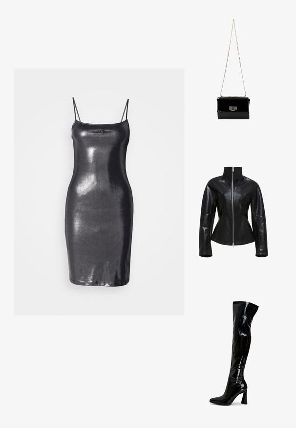 Sort læderjakke med høj krave, lynlåslukning og tætsiddende design. Har slanke, panelerede sømme og en glat, blank overflade.; Sort, ærmeløs bodycon kjole lavet af skinnende, reflekterende materiale. Den har tynde stropper og en lige kant. Logo-detalje på fronten.; Sorte laklæderstøvler, der går til låret, med spids snude, firkantet blokhæl og glat, blank tekstur. Ingen synligt hardware.; Sort patentlæder håndtaske med en guldkæde-strop, rektangulær form, med en frontklaplukning og et metallisk logo-accent.