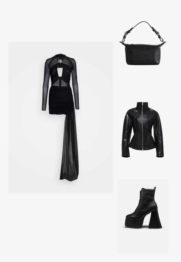 Zwarte leren jas met een hoge kraag, ritssluiting en getailleerd ontwerp. Beschikt over slanke, geperforeerde naden en een gladde, glanzende textuur.; David Koma CRYSTAL BUCKLE DIAMOND CUTOUT MINI DRESS - Cocktailjurk - black/silver; Zwarte platform enkellaars met veters aan de voorkant, brede blokhak, glad leer en trekhaak aan de achterkant.; Zwarte handtas met diamantvormig uitgesneden patroon, korte verstelbare band en zilveren gespdetails tegen een witte achtergrond.
