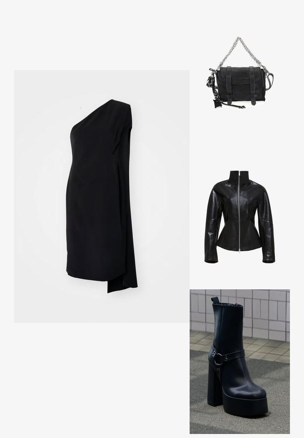 Čierna kožená bunda s vysokým golierom, zipsom a priliehavým strihom. Obsahuje elegantné, panelované švy a hladkú, lesklú textúru.; Čierne asymetrické šaty s jedným ramenom, vyrobené z hladkej látky, s drapériou a bočným rozparkom pre zvýšenie detailu.; Čierna kožená členková platformová topánka s masívnym vysokým podpätkom a ozdobným remienkom, umiestnená na sivom chodníku na pozadí obkladanej steny.; Čierna kožená kabelka s textúrovaným povrchom, ktorá obsahuje dva predné popruhy, reťazový ramenný popruh a odnímateľný akcentový popruh.