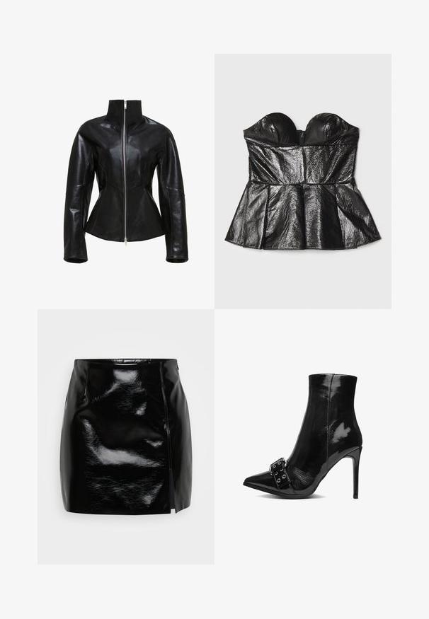 Čierna kožená bunda s vysokým golierom, zipsom a priliehavým strihom. Obsahuje elegantné, panelované švy a hladkú, lesklú textúru.; Sara Battaglia SWEETHEART - Top - black; Čierna mini sukňa vyrobená z lesklého materiálu. Má bočný zips a rozparok na pravej strane pre pridaný detail a dizajn. Hladká textura.; Čierne lakované kožené členkové topánky s špicatou špičkou, ihlovým podpätkom a dekoratívnou sponou na špičke. Lesklá textura.