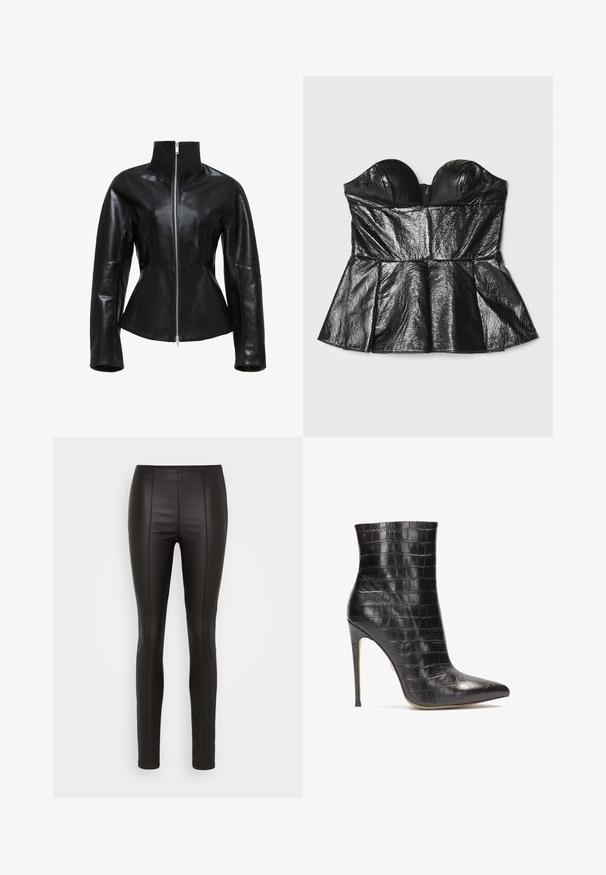 Čierna kožená bunda s vysokým golierom, zipsom a priliehavým strihom. Obsahuje elegantné, panelované švy a hladkú, lesklú textúru.; Sara Battaglia SWEETHEART - Top - black; Čierne faux kožené legíny s hladkým, lesklým povrchom, ktoré majú úzky strih a vertikálne švy na prednej a zadnej strane.; Čierne kožené členkové topánky s imitáciou krokodílej kože, špicatou špičkou a vysokým stiletto podpätkom, s lesklým povrchom.