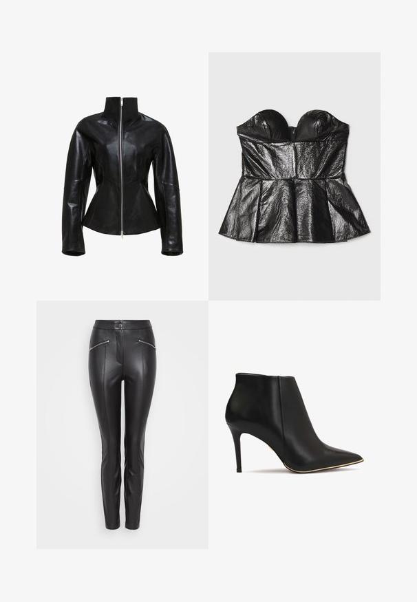 Sort læderjakke med høj krave, lynlåslukning og tætsiddende design. Har slanke, panelerede sømme og en glat, blank overflade.; Sara Battaglia SWEETHEART - Top - black; Sorte læderbukser med slim fit, der har lodrette sømme, en lynlåslomme på hver side og en knaplukning i taljen.; Sorte læderankelstøvler med spidse tåer, høje stilettohæle og guldaccent langs sålen. Glat tekstur og strømlinet design.