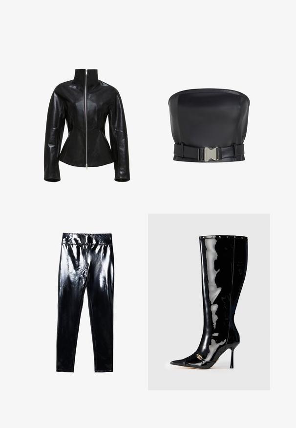 Čierna kožená bunda s vysokým golierom, zipsom a priliehavým strihom. Obsahuje elegantné, panelované švy a hladkú, lesklú textúru.; Čierny kožený top bez ramienok so štruktúrovaným dizajnom, ktorý má predné zapínanie na sponu a hladkú, jemnú textúru.; Čierne legíny s vysokým leskom s lesklým, hladkým povrchom. Elastický pás a priliehavý strih s užším tvarom nohavíc.; Čierne lakované vysoké čižmy po kolená s špicatou špičkou, ihlovým podpätkom a zlatými detailmi na špičke. Hladký, lesklý povrch.