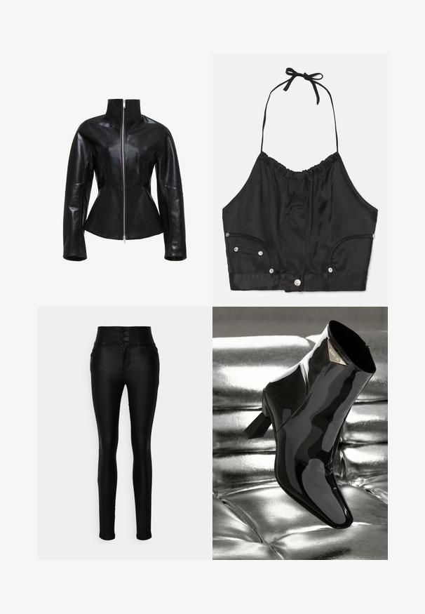 Sort læderjakke med høj krave, lynlåslukning og tætsiddende design. Har slanke, panelerede sømme og en glat, blank overflade.; Sort satin halterneck crop top med samlede tekstur, justerbar snor i halsen, knapper foran og to sidelommer med sølv hardware detaljer.; Vero Moda Tall VMDONNA SKINNY PANTS - Jeans Skinny Fit - black; Sorte patentlæder ankelstøvler med spids tå og firkantet hæl. Har en guld logo-plade og en glat, blank finish.