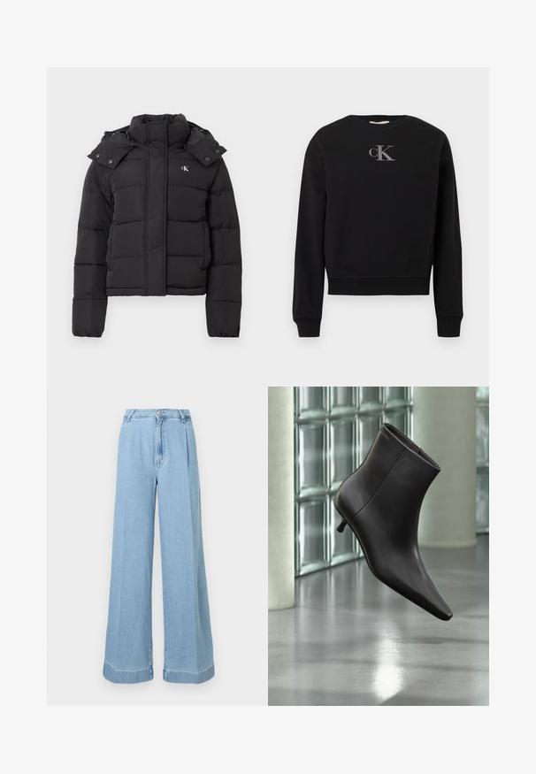 Zwarte pufferjack met hoge kraag, afneembare capuchon met drukknoopjes en klein wit "CK" logo op de linker borst.; Zwarte sweatshirt van zacht materiaal met een ronde hals en lange mouwen. Een zilveren "cK" logo staat in het midden van de borst.; Lichtblauwe denim wijde jeans met een hoge taille, plooien aan de voorkant en een ruwe zoom voor een casual uitstraling.; Zwarte leren enkellaars met puntige neus en lage hak, afgebeeld tegen een glazen blokkenmuur en gepolijste vloer op de achtergrond.