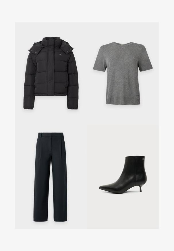Chaqueta de plumas negra con alto cuello, capucha desmontable con botones a presión y pequeño logo blanco "CK" en el pecho izquierdo.; Camiseta gris de manga corta hecha de tela suave. Cuello redondo, corte relajado, con un logo sutil en el dobladillo. Textura uniforme en toda la prenda.; Pantalones negros ajustados con un diseño de pierna recta, que cuentan con pliegues delanteros, una textura suave y pasadores para cinturón. Sin bolsillos visibles.; Botín de piel negra con puntera puntiaguda y tacón bajo estilo kitten sobre fondo claro, mostrando vista lateral exterior.