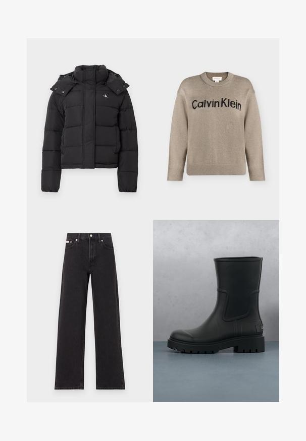 Sort puffer-jakke med høj krave, aftagelig hætte med trykknapper og lille hvid "CK"-logo på venstre bryst.; Beige strikket langærmet sweater med ribstrikkede manchetter og kant, med "Calvin Klein"-logo i sort over brystet.; Sorte vidde jeans lavet af denim, med høj talje, fem-lomme stil og en metalknap lukning med kontrasterende syninger.; Sort mat læder ankelstøvle med tyk klodset sål, svævende over træfliser og små grå sten udendørs.