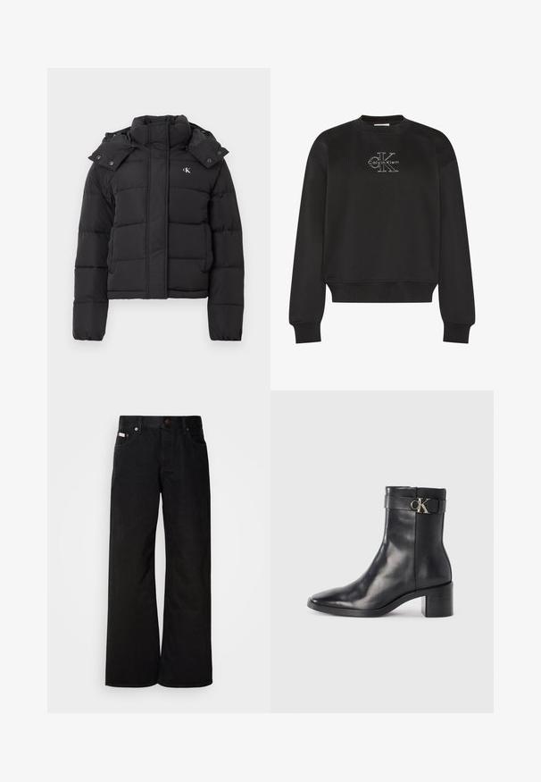 Chaqueta de plumas negra con alto cuello, capucha desmontable con botones a presión y pequeño logo blanco "CK" en el pecho izquierdo.; Sudadera negra de manga larga con cuello redondo y el logo blanco "CK" de Calvin Klein centrado en el pecho, con puños y dobladillo acanalados.; Jeans de pierna ancha negros, hechos de algodón. Presentan bolsillos frontales, cierre de botón y una textura de denim clásica. Diseño minimalista sin patrones.; Bota de tobillo de cuero negra con punta afilada, tacón cuadrado y una correa con un detalle de logo metálico. Textura suave y diseño minimalista.