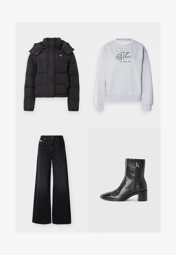 Schwarze Pufferjacke mit hohem Kragen, abnehmbarem Kapuzenschild mit Druckknöpfen und kleinem weißen "CK"-Logo auf der linken Brust.; Grauer Sweatshirt mit Rundhalsausschnitt und gerippten Bündchen, mit dem "Calvin Klein"-Logo und der "CK"-Grafik, die prominent auf der Vorderseite angebracht sind.; Schwarze Jeans mit weitem Bein, hoher Taille, Knopfleiste vorne, Reißverschluss, Gürtelschlaufen und Fünf-Taschen-Design.; Schwarze Leder-Ankle Boots mit spitzem Zehenbereich, Blockabsatz und einem Riemen mit einem metallischen Logodetail. Glatte Textur und minimales Design.