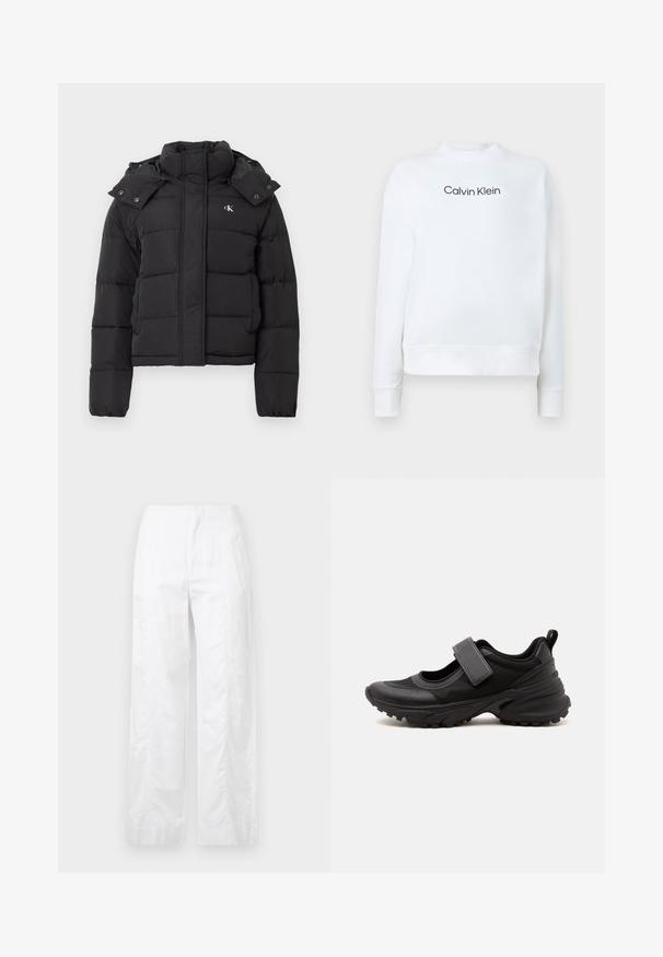 Chaqueta de plumas negra con alto cuello, capucha desmontable con botones a presión y pequeño logo blanco "CK" en el pecho izquierdo.; Sudadera blanca hecha de tejido suave, con cuello redondo y mangas largas. En la parte frontal destaca el logo de "Calvin Klein" en negro.; Pantalones de pierna ancha blancos, confeccionados en tejido ligero, con una textura suave, líneas limpias y un diseño de cintura alta.; Zapato deportivo negro estilo Mary Jane con suela gruesa con dibujo, correa ajustable en la parte superior y lengüeta en el talón.
