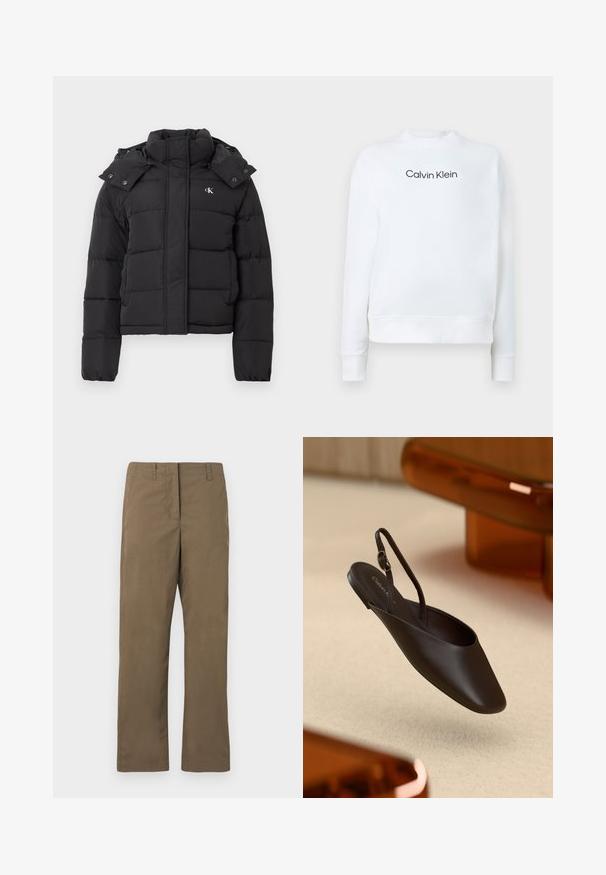 Chaqueta de plumas negra con alto cuello, capucha desmontable con botones a presión y pequeño logo blanco "CK" en el pecho izquierdo.; Sudadera blanca hecha de tejido suave, con cuello redondo y mangas largas. En la parte frontal destaca el logo de "Calvin Klein" en negro.; Pantalones rectos marrones hechos de una mezcla de algodón. Cuentan con passantes para cinturón, un bolsillo frontal y una textura suave sin patrones.; Zapato negro tipo slingback con punta redondeada y texturizado mate suave. Cuenta con una correa delgada ajustable y suela plana.
