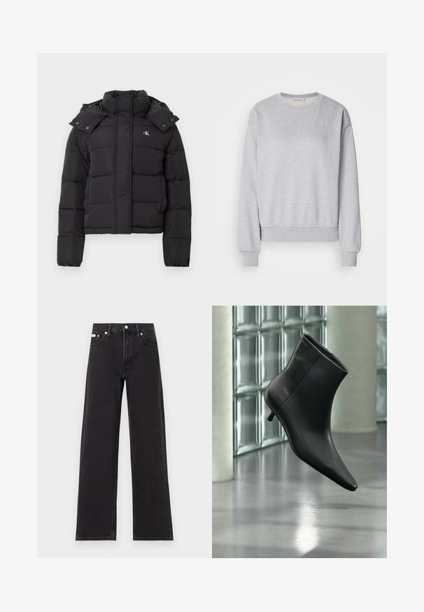 Chaqueta de plumas negra con alto cuello, capucha desmontable con botones a presión y pequeño logo blanco "CK" en el pecho izquierdo.; Sudadera de algodón gris con mangas largas, cuello redondo, puños y dobladillo acanalados, que presenta un sutil logo bordado en el pecho.; Jeans anchos de mezclilla negros, con cintura alta, cinco bolsillos y cierre de botón metálico con costuras contrastantes.; Botín negro de cuero con punta puntiaguda y tacón bajo estilo kitten, mostrado en ángulo sobre un suelo pulido y con una pared de bloques de vidrio de fondo.