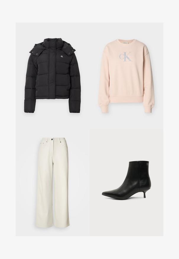 Schwarze Pufferjacke mit hohem Kragen, abnehmbarem Kapuzenschild mit Druckknöpfen und kleinem weißen "CK"-Logo auf der linken Brust.; Hellrosa Calvin Klein Sweatshirt mit langen Ärmeln, Rundhalsausschnitt, gerippten Bündchen und Frontlogo in hellgrauen und weißen Buchstaben.; Cremefarbene weit geschnittene Hose aus glattem Stoff. Sie hat eine mittlere Leibhöhe, einen Reißverschluss und zwei vordere Taschen mit schwarzen Hardware-Elementen.; Schwarzer Leder-Knöchel-Stiefel mit spitzer Spitze und niedrigem Kittenabsatz vor hellem Hintergrund, seitliche Ansicht.