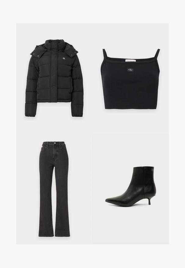 Zwarte pufferjack met hoge kraag, afneembare capuchon met drukknoopjes en klein wit "CK" logo op de linker borst.; Zwart geribbeld cropped topje met dunne bandjes en een klein Calvin Klein-logo patch in het midden van de borst.; Zwarte hoge taille flared jeans van denim, met een knoopsluiting, riemlussen en zijzakken. Gladde textuur met minimale vervaging.; Zwart leren enkellaars met puntige neus en lage kittenhak op lichte achtergrond, zijaanzicht buitenkant.
