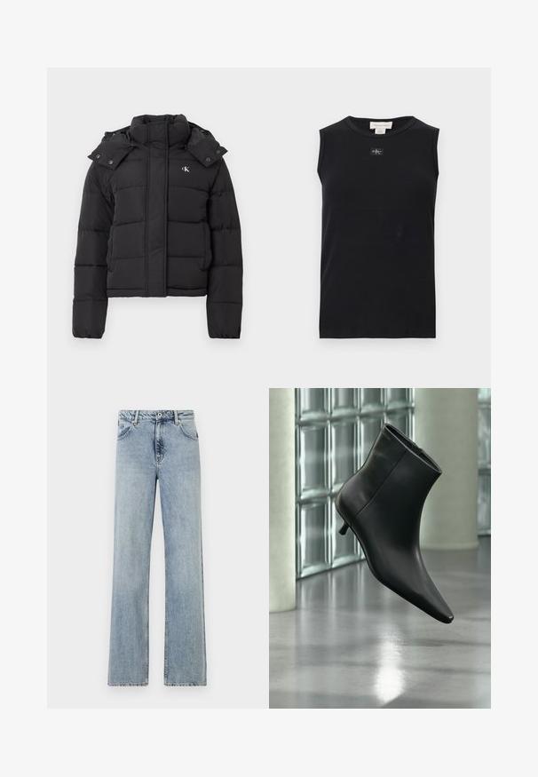 Sort puffer-jakke med høj krave, aftagelig hætte med trykknapper og lille hvid "CK"-logo på venstre bryst.; Sort ærmeløs ribstrikket tanktop med rund halsudskæring og lille Calvin Klein-logo, der er placeret centralt under kraven.; Lyseblå, brede jeans lavet af denim. Har knap- og lynlåslukning, frontlommer og subtilt slid. Rene sømme.; Sort læderankelstøvle med spids tå og lav kitten-hæ, vist vinklet mod en poleret gulv- og glasblokvæg.