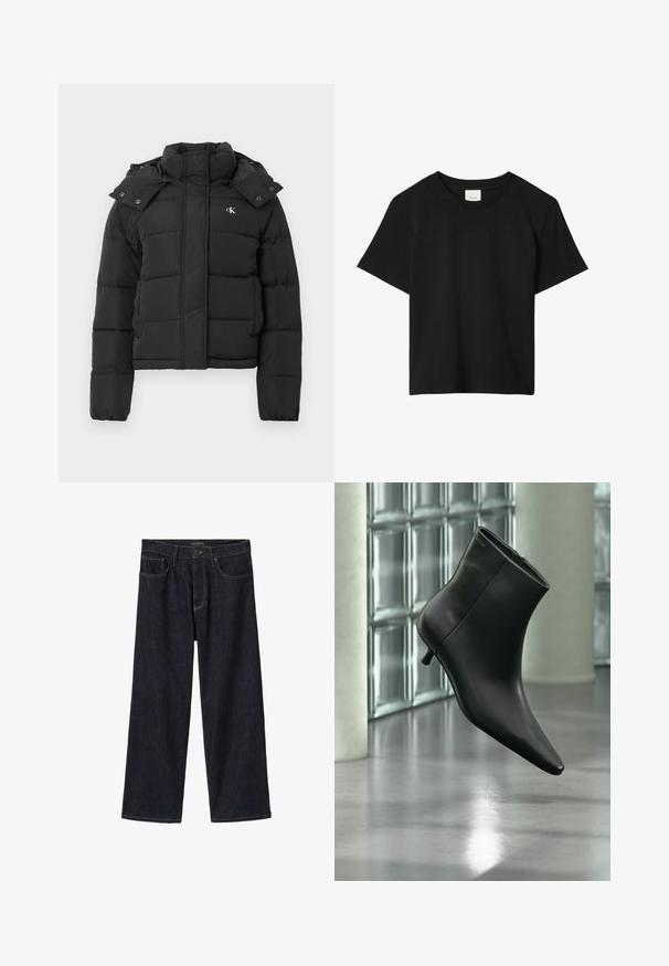 Sort puffer-jakke med høj krave, aftagelig hætte med trykknapper og lille hvid "CK"-logo på venstre bryst.; Sort kortærmet T-shirt med rund hals og diskret præget Calvin Klein-logo centreret på brystet.; Mørke indigofarvede jeans med vide ben, med frontknap og lynlås, bæltestropper og forlommer, vist på hvid baggrund.; Sort læderankelstøvle med spids tå og lav kitten-hæ, vist vinklet mod en poleret gulv- og glasblokvæg.
