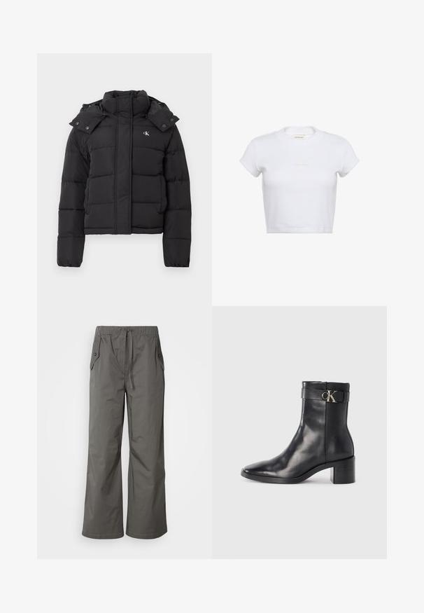 Chaqueta de plumas negra con alto cuello, capucha desmontable con botones a presión y pequeño logo blanco "CK" en el pecho izquierdo.; Camiseta blanca recortada de manga corta con textura acanalada. Presenta un cuello redondo y un sutil logo "Calvin Klein" en color claro en el frente.; Pantalones de pierna ancha grises, hechos de tela ligera, con cintura elástica, cordón y dos bolsillos laterales con detalles de botones.; Bota de tobillo de cuero negra con punta afilada, tacón cuadrado y una correa con un detalle de logo metálico. Textura suave y diseño minimalista.