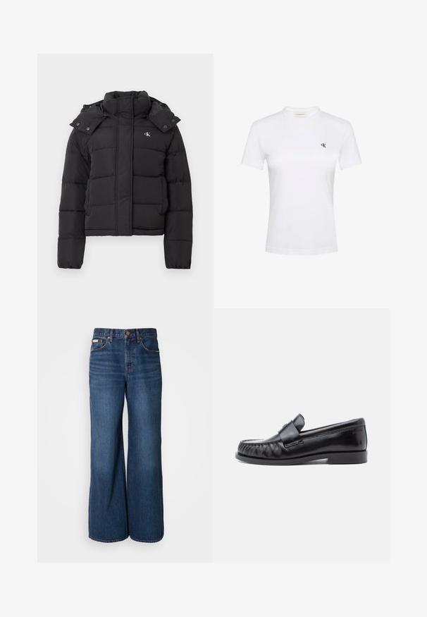 Chaqueta de plumas negra con alto cuello, capucha desmontable con botones a presión y pequeño logo blanco "CK" en el pecho izquierdo.; Camiseta blanca de manga corta en tela suave con cuello redondo. Cuenta con un pequeño logotipo negro "ck" en el pecho izquierdo. Corte clásico.; Vaqueros de pierna ancha hechos de denim azul oscuro. Incluyen una cintura alta, cinco bolsillos y costuras en contraste de color naranja a lo largo de las costuras.; Mocasines de cuero negro con punta redondeada, costuras distintivas y una banda decorativa sobre el empeine. Acabado liso y tacón bajo.