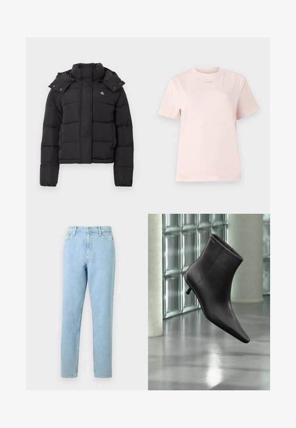Sort puffer-jakke med høj krave, aftagelig hætte med trykknapper og lille hvid "CK"-logo på venstre bryst.; Lyserød bomulds t-shirt med rund hals, korte ærmer og et lille "Calvin Klein" logo trykt i en matchende farve på brystet.; Lyseblå denimjeans med lige ben, femlommers design og knaplukning. Har subtilt slid og en glat tekstur.; Sort læderankelstøvle med spids tå og lille hæl vist mod en væg af glasblokke og poleret gulv baggrund.