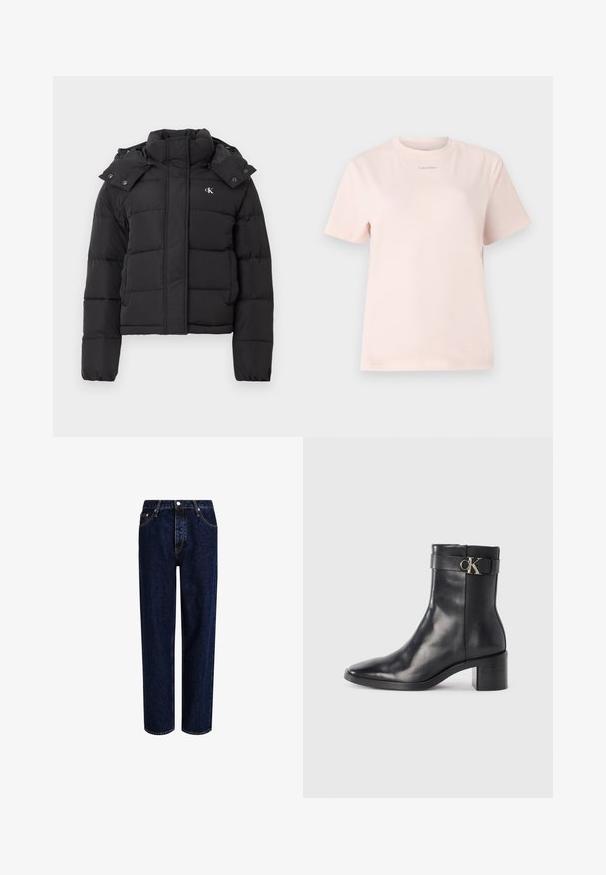 Sort puffer-jakke med høj krave, aftagelig hætte med trykknapper og lille hvid "CK"-logo på venstre bryst.; Lyserød bomulds t-shirt med rund hals, korte ærmer og et lille "Calvin Klein" logo trykt i en matchende farve på brystet.; Mørkeblå denim jeans med lige ben-design, der har høj talje, fem-lomme-stil og kontrastsyninger. Ingen dekorationer.; Sort læder ankelstøvle med spids tå, blokhæl og en rem med en metallisk logo detalje. Glat tekstur og minimalistisk design.
