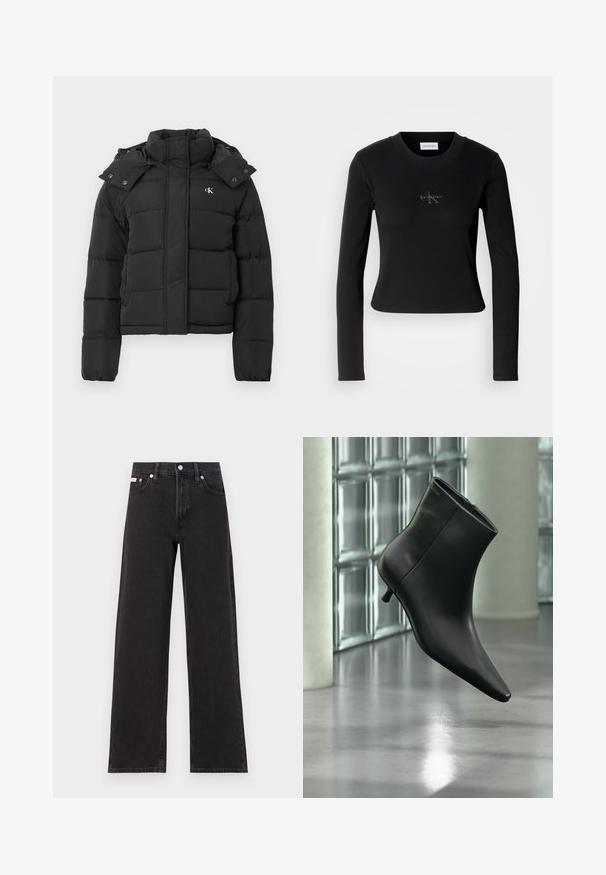 Chaqueta de plumas negra con alto cuello, capucha desmontable con botones a presión y pequeño logo blanco "CK" en el pecho izquierdo.; Top negro de manga larga con un diseño ajustado y un pequeño logo de Calvin Klein en el pecho, presentado sobre un fondo blanco.; Jeans anchos de mezclilla negros, con cintura alta, cinco bolsillos y cierre de botón metálico con costuras contrastantes.; Botín negro de cuero con punta puntiaguda y tacón bajo estilo kitten, mostrado en ángulo sobre un suelo pulido y con una pared de bloques de vidrio de fondo.