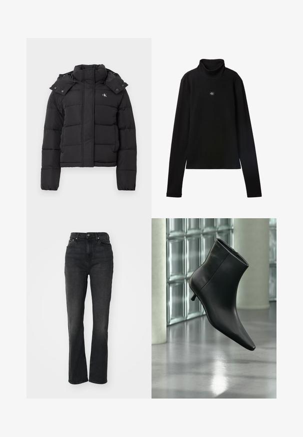 Sort puffer-jakke med høj krave, aftagelig hætte med trykknapper og lille hvid "CK"-logo på venstre bryst.; Sort ribstrikket bluse med lange ærmer og lille firkantet Calvin Klein-logo placeret centralt på brystet.; Højtaljede sorte denim jeans med lige ben, fem-lomme design, frontlukning med knap og minimal syning.; Sort læderankelstøvle med spids tå og lav kitten-hæ, vist vinklet mod en poleret gulv- og glasblokvæg.