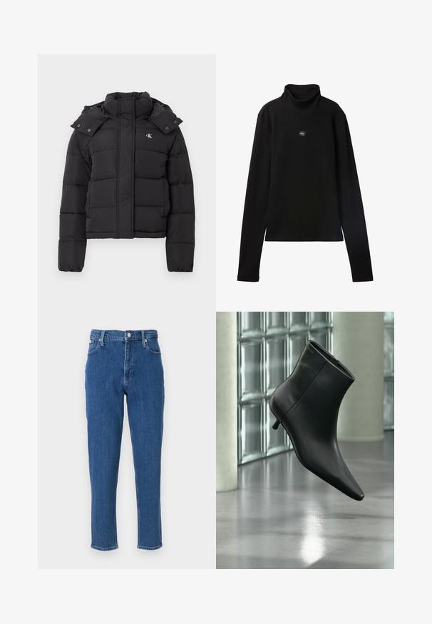 Zwarte pufferjack met hoge kraag, afneembare capuchon met drukknoopjes en klein wit "CK" logo op de linker borst.; Zwarte geribde coltrui met lange mouwen en een klein vierkant Calvin Klein-logo midden op de borst.; Blauwe denim jeans met een hoge taille, ritssluiting, vijf zakken, rechte pijpen en een subtiele vervaagde textuur, afgewerkt met een nette zoom.; Zwarte leren enkellaars met spits toelopende neus en lage kittenhak, schuin weergegeven tegen een gepolijste vloer en een glazen blokken muur als achtergrond.