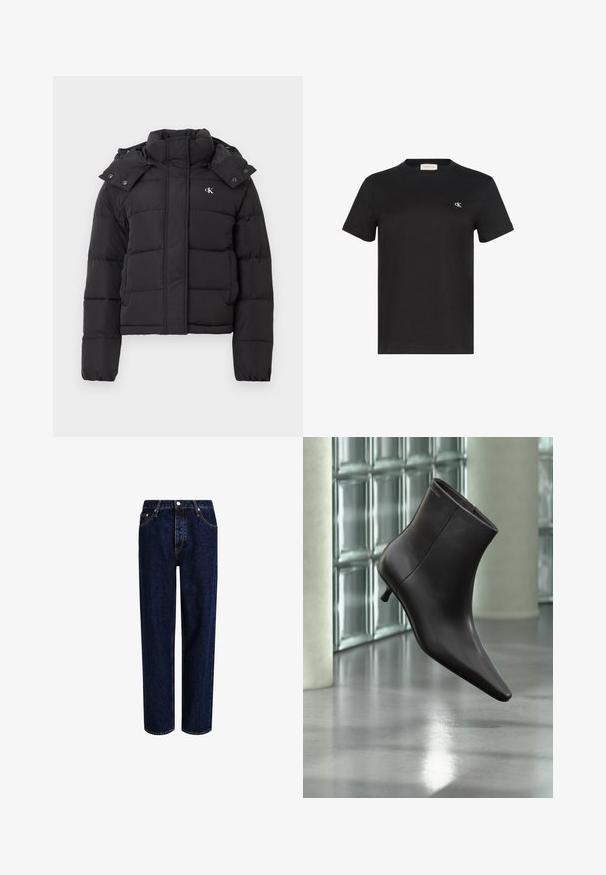 Chaqueta de plumas negra con alto cuello, capucha desmontable con botones a presión y pequeño logo blanco "CK" en el pecho izquierdo.; Camiseta negra de manga corta con cuello redondo, con un pequeño logo sutil en el pecho izquierdo y una etiqueta dentro del cuello.; Jeans de mezclilla azul oscuro con un diseño de pierna recta, que presentan una cintura alta, estilo de cinco bolsillos y costuras en contraste. Sin adornos.; Bota de cuero negro para el tobillo con puntera puntiaguda y tacón pequeño, exhibida frente a una pared de bloques de vidrio y un suelo pulido.