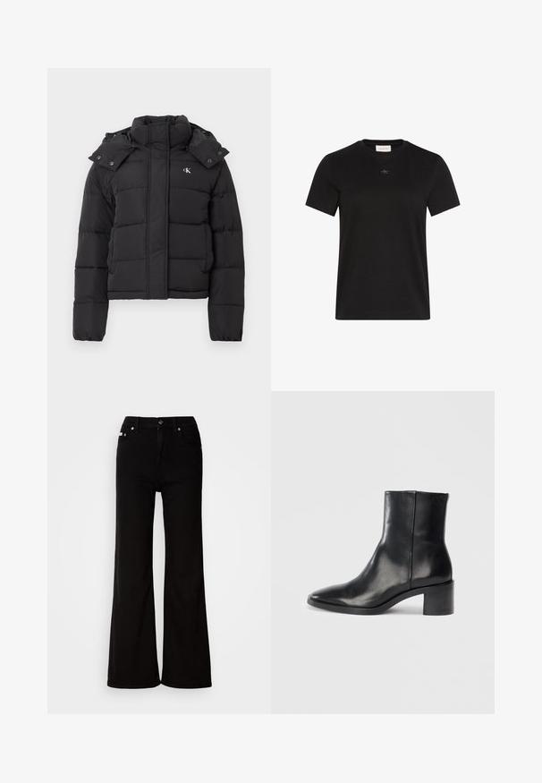 Sort puffer-jakke med høj krave, aftagelig hætte med trykknapper og lille hvid "CK"-logo på venstre bryst.; Sort T-shirt med korte ærmer og rund halsudskæring med lille Calvin Klein-logo centreret under halsudskæringen.; Sorte denim flared jeans med høj talje, der har lynlås og knaplukning, sidelommer og subtile hardware-detaljer.; Sorte læderankelstøvle med spids tå, lav blokhæl og subtilt præget logo. Glat tekstur med et elegant design og minimal søm.