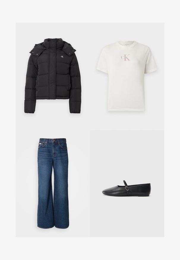 Chaqueta de plumas negra con alto cuello, capucha desmontable con botones a presión y pequeño logo blanco "CK" en el pecho izquierdo.; Camiseta blanca de algodón de manga corta con un pequeño logo "CK" en rosa pálido en el pecho y un cuello redondo clásico. Textura suave.; Vaqueros de pierna ancha hechos de denim azul oscuro. Incluyen una cintura alta, cinco bolsillos y costuras en contraste de color naranja a lo largo de las costuras.; Bailarinas de cuero negro con punta afilada, suela plana y una pequeña correa con detalle de hebilla plateada.