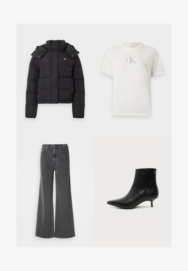 Chaqueta de plumas negra con alto cuello, capucha desmontable con botones a presión y pequeño logo blanco "CK" en el pecho izquierdo.; Camiseta blanca de algodón de manga corta con un pequeño logo "CK" en rosa pálido en el pecho y un cuello redondo clásico. Textura suave.; Vaqueros de pierna ancha en denim negro desgastado, con una cintura alta, dos bolsillos frontales y cierres de botón metálico. Textura suave, detalles mínimos.; Botín de piel negra con puntera puntiaguda y tacón bajo estilo kitten sobre fondo claro, mostrando vista lateral exterior.