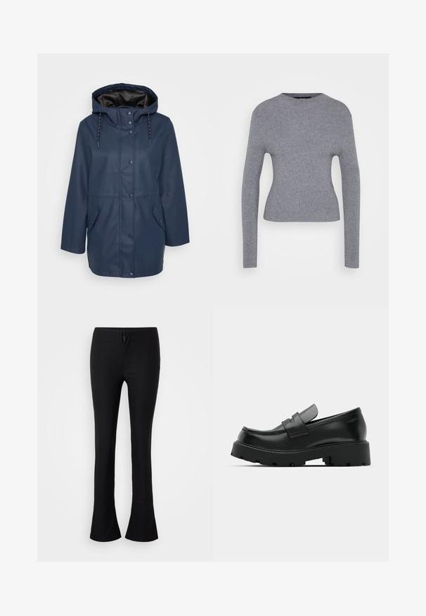 Chaqueta de lluvia con capucha en azul marino, con botones a presión, cordones ajustables y dos bolsillos frontales con solapa.; Suéter gris de manga larga con cuello redondo y silueta ajustada, exhibido sobre un fondo blanco liso.; Pantalones acampanados negros de tela suave, con una cintura ajustada y un cierre de cremallera frontal. Diseño sencillo sin patrones ni acentos adicionales.; Mocasines de cuero negro con suela gruesa y texturizada, que presentan una correa sobre el empeine y un acabado suave y pulido.