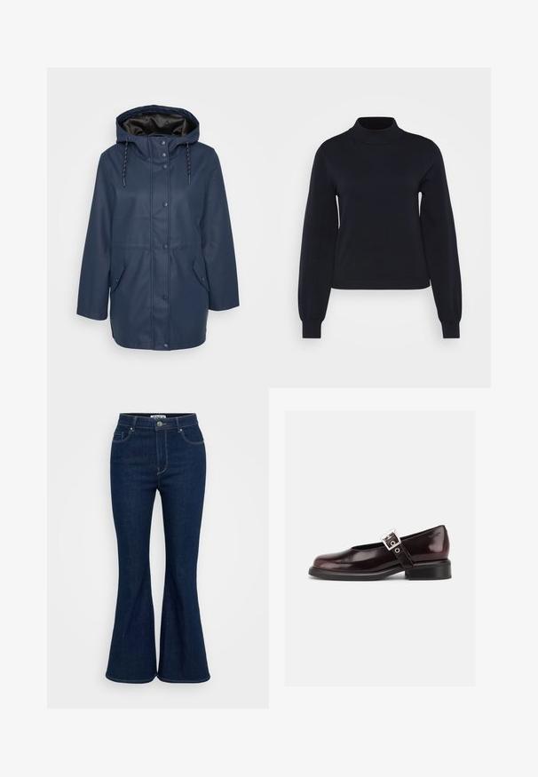 Chaqueta de lluvia con capucha en azul marino, con botones a presión, cordones ajustables y dos bolsillos frontales con solapa.; Suéter negro de cuello alto hecho de un suave y elástico tejido de punto. Presenta mangas largas y un diseño ajustado con detalles ribeteados en el cuello y los puños.; Jeans acampanados de color azul oscuro hechos de denim, con una cintura alta, bolsillos frontales y un cierre de botón metálico. Textura suave con costuras uniformes.; Zapato único Mary Jane brillante de color burdeos oscuro con correa ancha y hebilla plateada, tacón bloque bajo y punta redondeada sobre fondo blanco.
