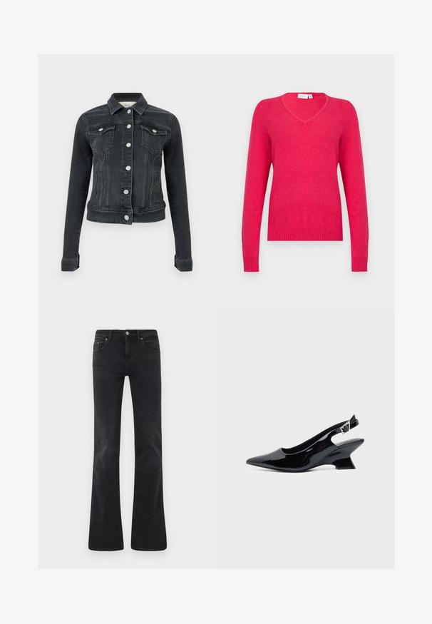 Veste en denim noire à manches longues, fermeture devant par boutons, deux poches à rabat sur la poitrine et poches fendues sur les côtés, présentée sur un fond uni.; Pull en V de couleur rose vif, fabriqué en matière douce. Manches longues avec poignets et ourlet côtelés pour un ajustement près du corps. Design minimaliste.; Jean noir évasé en denim, doté d'un design classique à cinq poches, d'une fermeture à bouton et de détails de couture subtils.; Chaussure slingback en cuir verni noir avec bout pointu et petit talon bloc incliné sur fond clair uni.