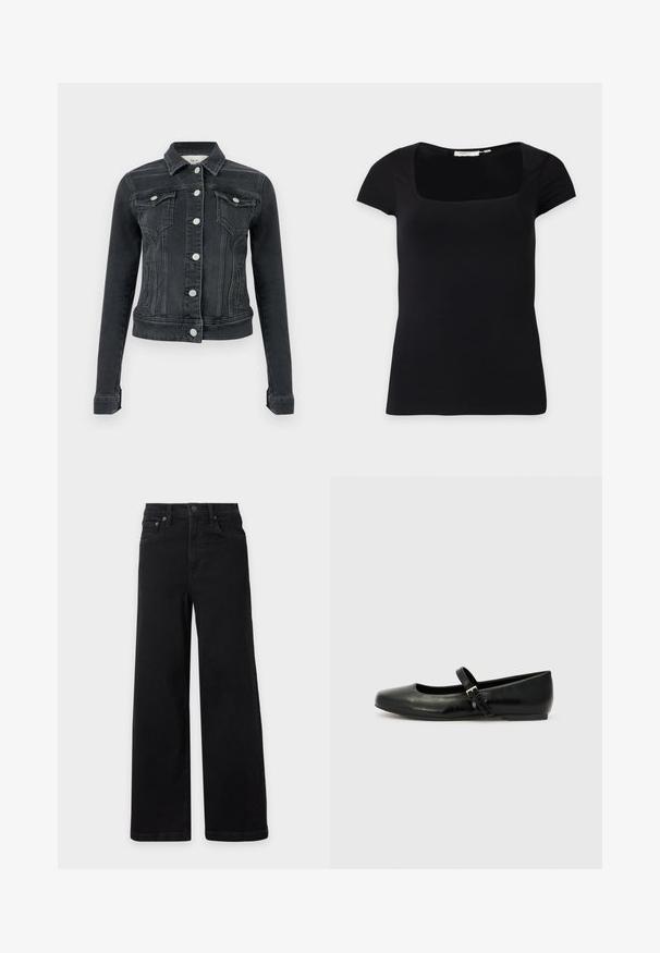 Veste en denim noire à manches longues, fermeture devant par boutons, deux poches à rabat sur la poitrine et poches fendues sur les côtés, présentée sur un fond uni.; Haut noir cintré à manches courtes avec un large col carré, présenté à plat sur un fond blanc.; Jean noir taille haute à jambes larges avec fermeture à bouton et zip devant, passants de ceinture et poches avant et arrière, présenté sur fond blanc.; Ballerines en cuir noir avec un bout arrondi, une semelle plate et une fine sangle ajustable sur le cou-de-pied avec une boucle en métal.