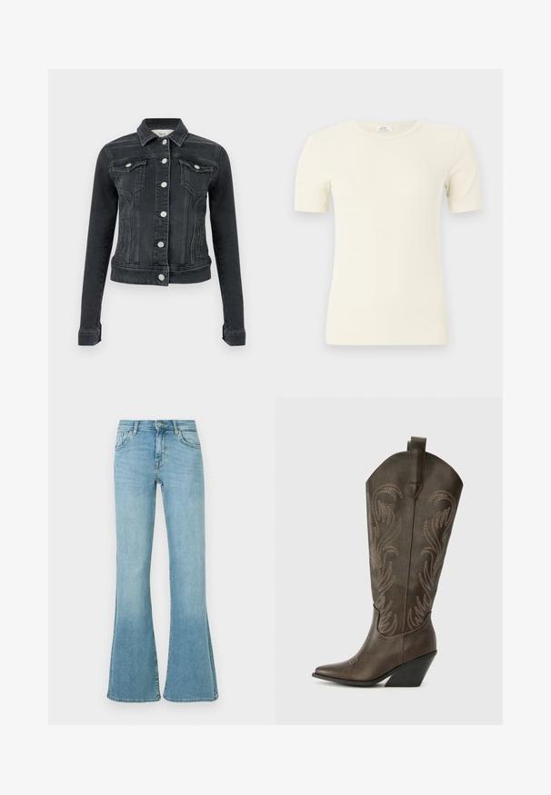 Veste en denim noire à manches longues, fermeture devant par boutons, deux poches à rabat sur la poitrine et poches fendues sur les côtés, présentée sur un fond uni.; Haut crème à manches courtes côtelé avec col rond et coupe ajustée, présenté sur un fond clair uni.; Jean en denim bleu clair à taille haute, fermeture avant par bouton et zip, poches avant et arrière, et jambes évasées.; Botte de cowboy en cuir marron avec un embout pointu, un talon compensé et des broderies décoratives. Dispose d'un long tige et d'une languette de tirage.