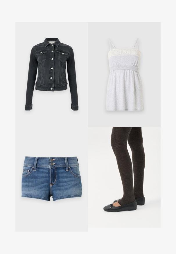 Veste en denim noire à manches longues, fermeture devant par boutons, deux poches à rabat sur la poitrine et poches fendues sur les côtés, présentée sur un fond uni.; Robe grise claire sans manches avec encolure bordée de dentelle, fines bretelles réglables et taille froncée avec élastique.; Shorts en jean bleu avec fermeture à double bouton, passants pour ceinture, poches avant, et détails délavés sur un fond uni.; Jambes portant des leggings côtelés foncés associés à des ballerines noires avec de petits détails en nœud sur fond blanc.