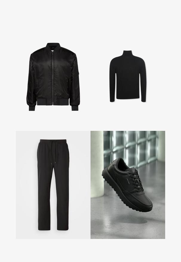 Veste bomber noire avec fermeture éclair devant, col, poignets et ourlet côtelés, et deux poches zippées à l'avant sur fond blanc.; Pull noir à col roulé manches longues, coupe ajustée et logo discret sur la partie gauche de la poitrine, présenté sur fond blanc.; Pantalons de jogging noirs en tissu léger, dotés d'une taille élastique avec cordons de serrage réglables et poches latérales. Texture lisse.; Baskets en cuir noir Calvin Klein à lacets, semelle robuste, flottant au-dessus d'un sol en béton poli avec un mur en briques de verre en arrière-plan.