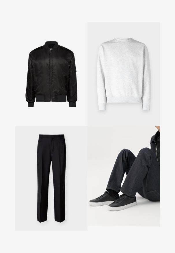 Sort bomberjakke med frontlynlås, ribkrave, manchetter og kant samt to forlommer med lynlås på hvid baggrund.; Lys grå crewneck sweatshirt lavet af blødt fleece-materiale, med ribbestrikkede manchetter og kant, samt en glat, tekstureret overflade.; Sorte skræddersyede bukser med lige snit, foldet forstykke og sidelommer. Fremstillet af et glat, let stof med et ensartet mønster.; Person siddende med bøjede ben, iført mørkeblå jeans og sorte lave sneakers med hvide såler på en hvid baggrund.