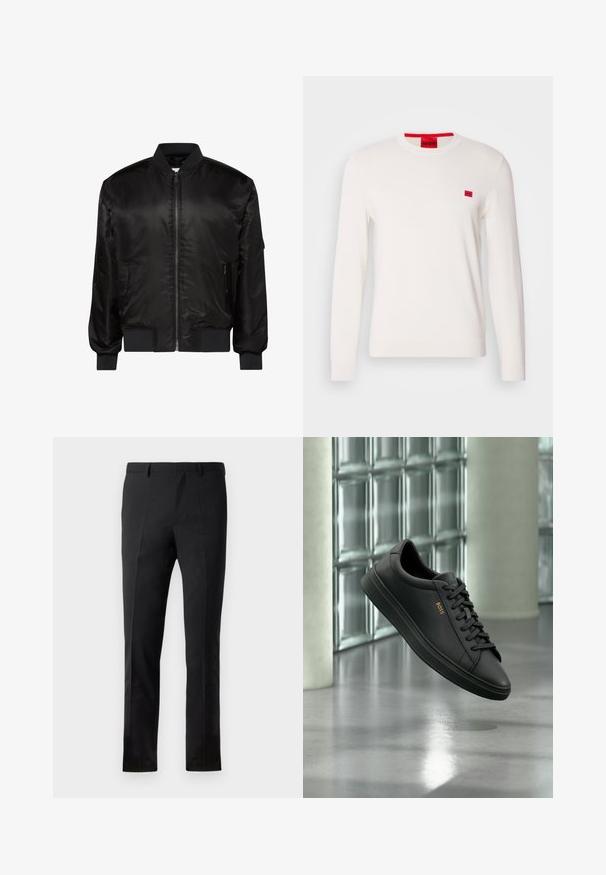 Chaqueta bomber negra con cremallera frontal, cuello, puños y dobladillo acanalados, y dos bolsillos delanteros con cremallera sobre fondo blanco.; Suéter de cuello redondo blanco con mangas largas, hecho de un tejido suave. Presenta un pequeño parche de logo rojo en el pecho y una etiqueta contrastante roja en el cuello.; Pantalones negros con un corte ajustado, que presentan un frente plano, dos pliegues, pasadores para cinturón y una textura suave. Sin patrones ni accesorios visibles.; Zapatilla baja de piel negra con cordones negros y logo dorado BOSS en el lateral, flotando sobre un suelo gris brillante en un espacio interior moderno.