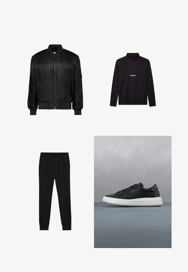 Sort bomberjakke med frontlynlås, ribkrave, manchetter og kant samt to forlommer med lynlås på hvid baggrund.; Sort Calvin Klein pullover med lange ærmer, kvart lynlås og hvidt logo trykt på brystet.; Sorte jogger bukser lavet af blødt stof. Har elastisk talje med snøre, to forlommer og lynlåse ved anklerne for nem påtagning.; Sorte lædersneakers med en glat overflade, hvid gummisål, afrundet form, seks øjer til snørebånd og diskret branding på hælen.