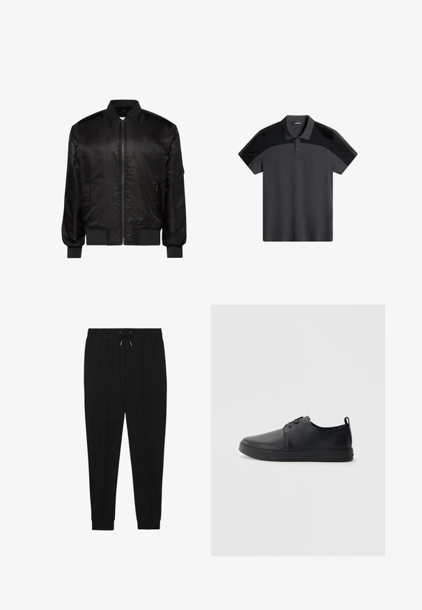 Sort bomberjakke med frontlynlås, ribkrave, manchetter og kant samt to forlommer med lynlås på hvid baggrund.; Mørkegrå polo t-shirt med korte ærmer og en to-knaps placket. Har kontrasterende sorte overpaneler og glat, let stof.; Sorte træningsbukser med snøre i taljen, tapered ben og ribbede manchetter. Fremstillet af et blødt stof med en glat tekstur.; Sorte lædersneakers med en glat finish, rund tå, tonalt syning, snøring foran og en flad gummisål. Løkke ved hælen.