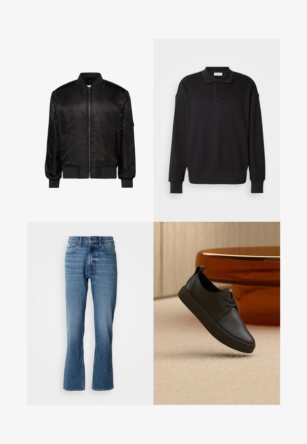 Veste bomber noire avec fermeture éclair devant, col, poignets et ourlet côtelés, et deux poches zippées à l'avant sur fond blanc.; Polo-shirt noir à manches longues, texture côtelée, patte de boutonnage à trois boutons, logo brodé sur la poitrine, poignets et ourlet ajustés. Matière douce en mélange de coton.; Jeans en denim bleu clair avec une coupe droite et une légère évasée. Comprend cinq poches, une fermeture à bouton et des détails de décoloration subtils.; Baskets décontractées en cuir noir avec lacets, flottant au-dessus d'un tapis beige, avec une table en verre ambré arrondie en arrière-plan.
