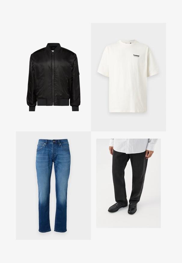 Chaqueta bomber negra con cremallera frontal, cuello, puños y dobladillo acanalados, y dos bolsillos delanteros con cremallera sobre fondo blanco.; Camiseta de algodón blanca con cuello redondo y mangas cortas. Presenta un pequeño logo negro "hummel SPORTSWEAR" en el pecho.; Jeans de mezclilla azul con corte recto, textura suave, cinco bolsillos y cierre de botón. La tela presenta un efecto de lavado descolorido.; Pantalones de mezclilla negros combinados con mocasines negros brillantes. La camisa es blanca con finas rayas verticales, de mangas largas y con cuello abotonado.