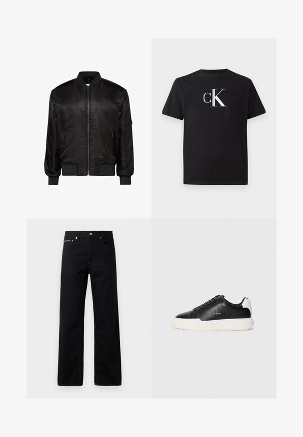 Sort bomberjakke med frontlynlås, ribkrave, manchetter og kant samt to forlommer med lynlås på hvid baggrund.; Sort bomulds T-shirt med et sølv "ck" logo foran. Korte ærmer og rund halsudskæring med en almindelig pasform.; Sorte denim jeans med lige ben, fem lommer og et logo-tag foran, med metalbeslag og en glat tekstur.; Sorte lædersneakers med hvid gummisål. Har rundt tå, snørebåndsdesign og logo-detajle på siden. Bagakcent i hvid.